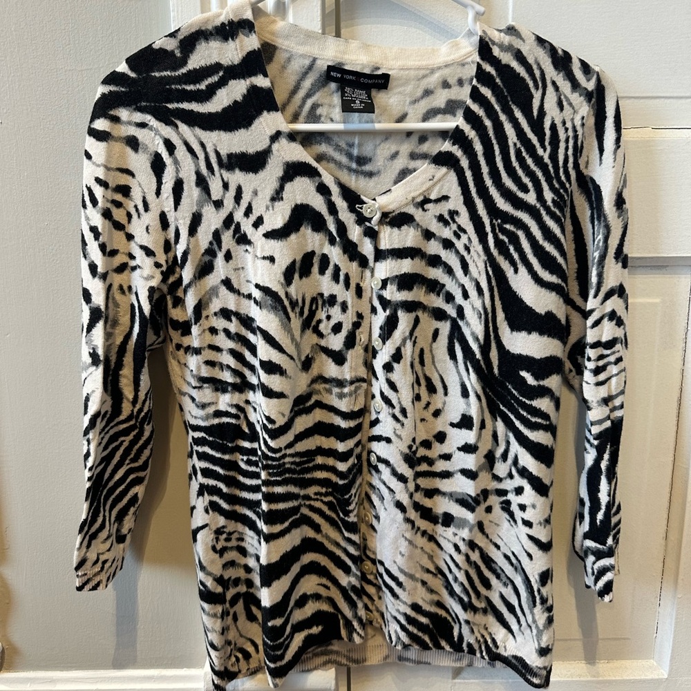 New York & Company Black and White Zebra-Print Button Cardigan